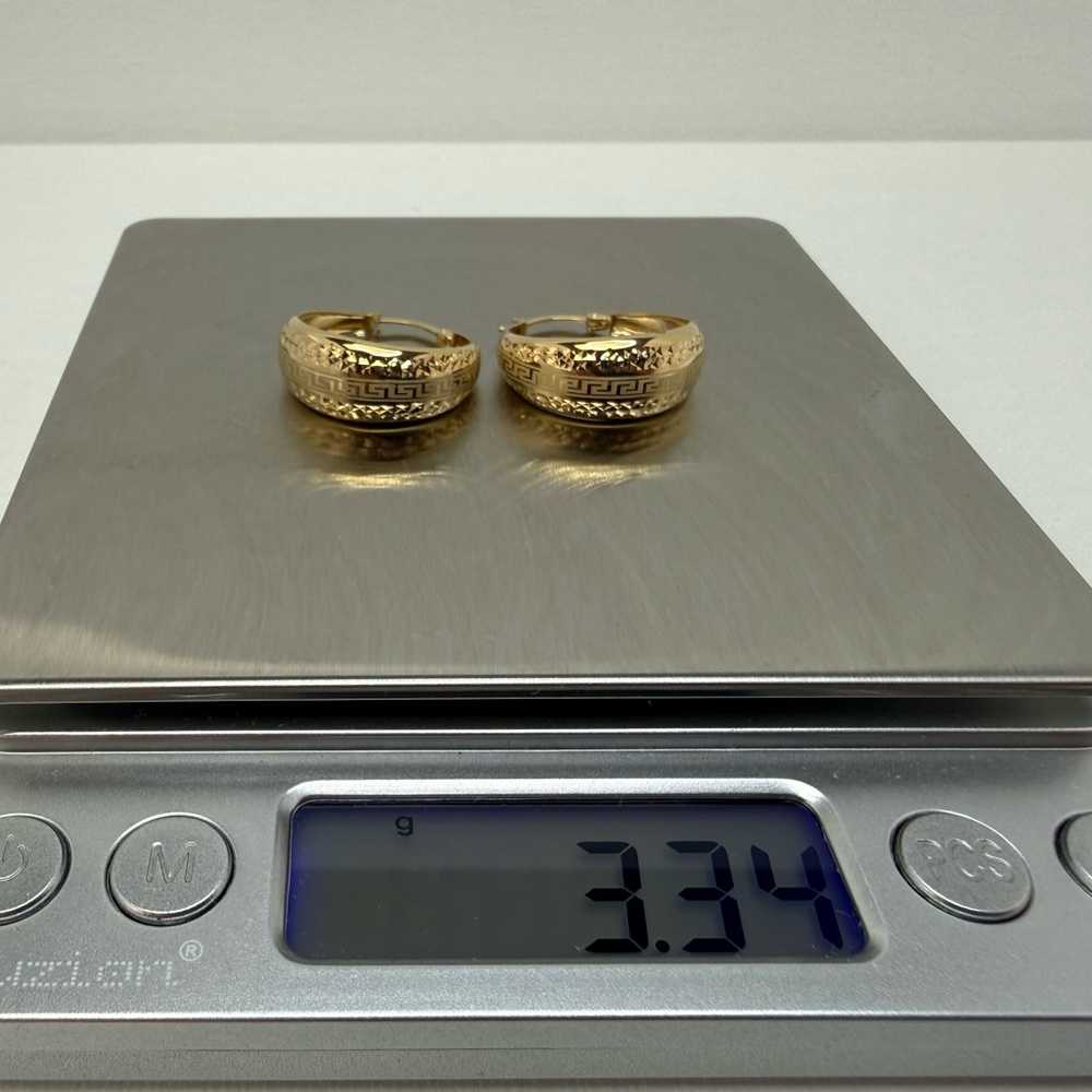 18K Genuine YG Gold Dome Hoop Earrings with Greek Design 23mm - Picture 10 of 13